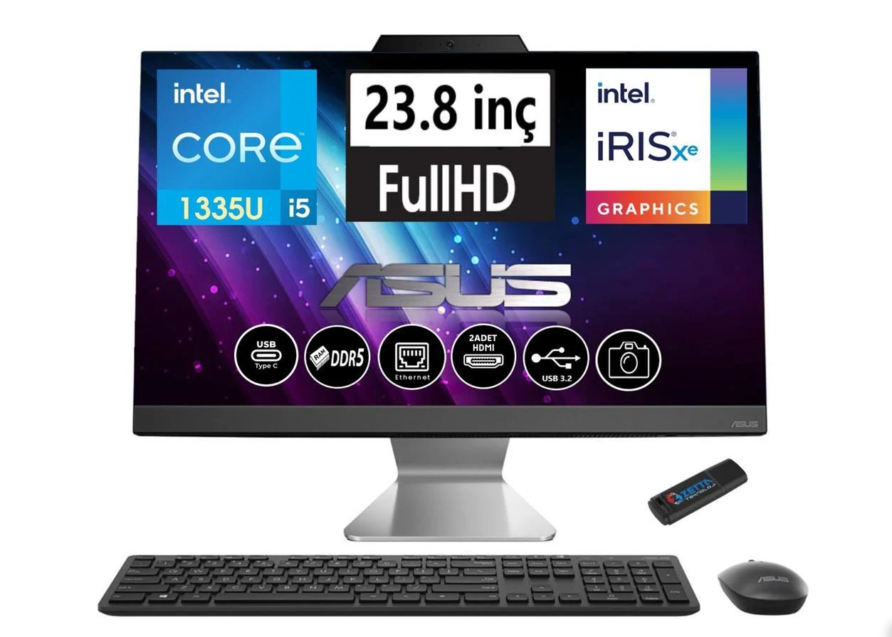 ASUS A3402WBAK-I58512B0D i5-1335U 8GB 512GB SSD O/B Iris Xe 23.8" Siyah DOS All in One PC