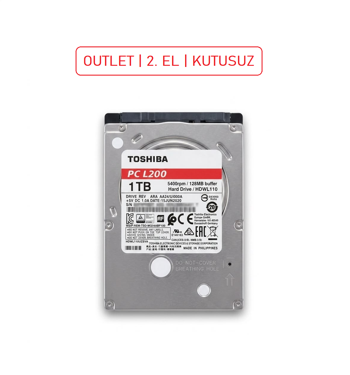 Toshiba L200 HDWL110UZSVA SATA 3.0 5400 RPM 2.5" 1 TB Harddisk Outlet | 2. El | Kutusuz