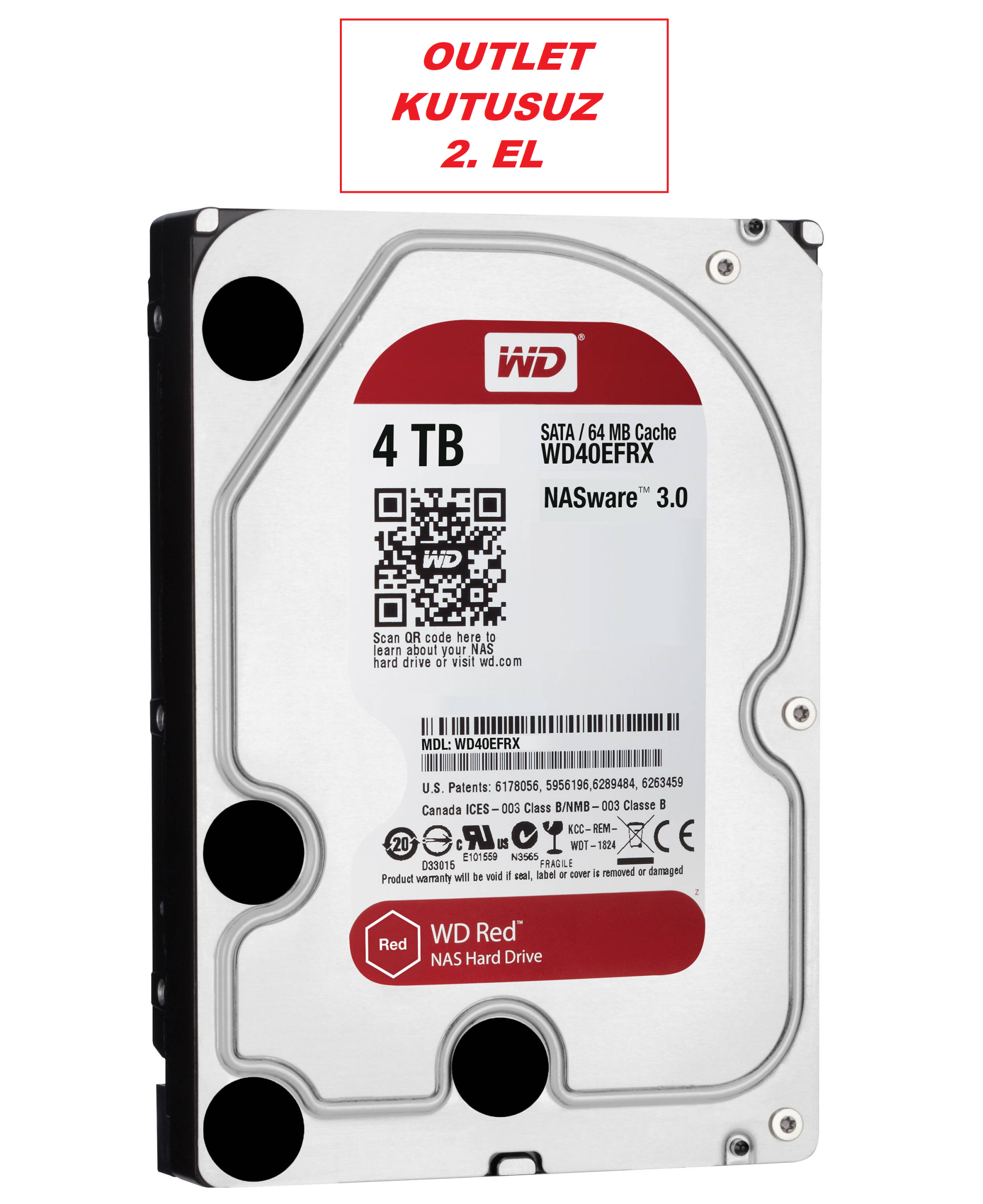 WD Red 4TB 3.5" NAS Hard Disk WD40EFRX 5400RPM SATA 6Gb/s 64MB Cache Kutusuz | Outlet | 2. El